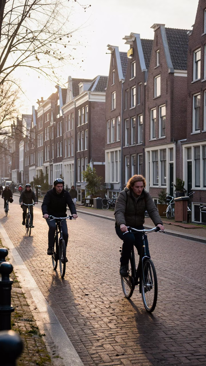 Busy Amsterdam Canal Street Morning with Cyclists and Brick Architecture in in Amsterdam, Netherlands