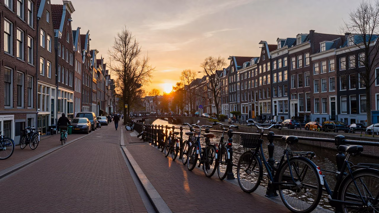 Busy Amsterdam Canal Street Scene at Sunset with Bicycle Traffic and Brick Architecture in in Amsterdam, Netherlands