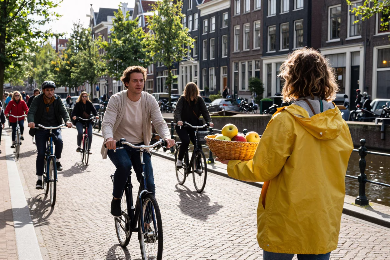 Busy Amsterdam Canal Street Scene Early Afternoon with Cyclists and Traditional Architecture in in Amsterdam, Netherlands
