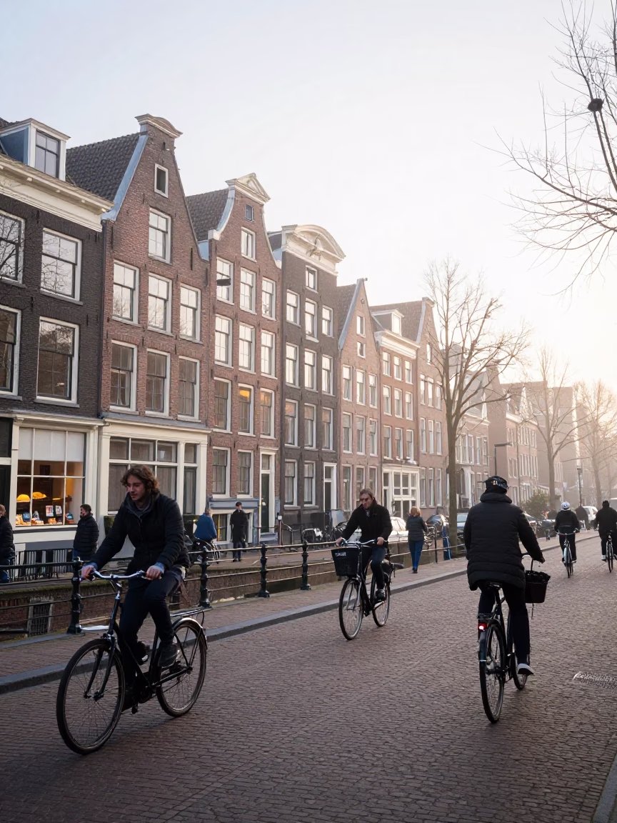 Busy Amsterdam Canal Street Scene Just After Sunrise with Cyclists and Historic Architecture in in Amsterdam, Netherlands