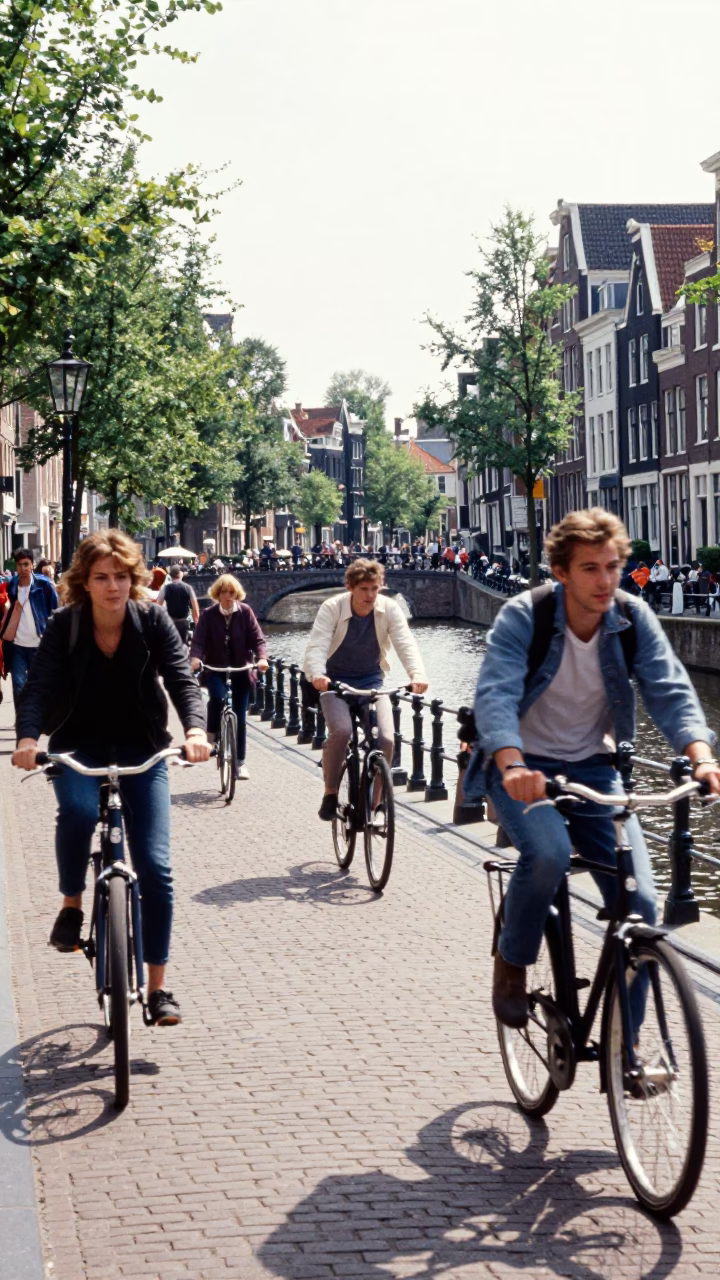 Busy Amsterdam Canal Street Scene Under Flat Noon Light with Cyclists and Brick Buildings in in Amsterdam, Netherlands