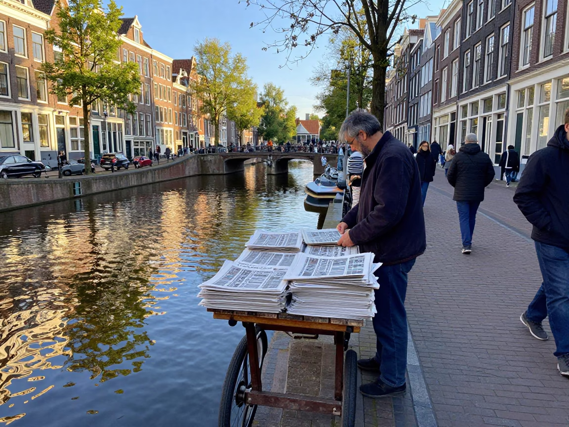 Busy Amsterdam Canal Street Scene with Newspaper Vendor and Vintage 1960s Atmosphere in in Amsterdam, Netherlands