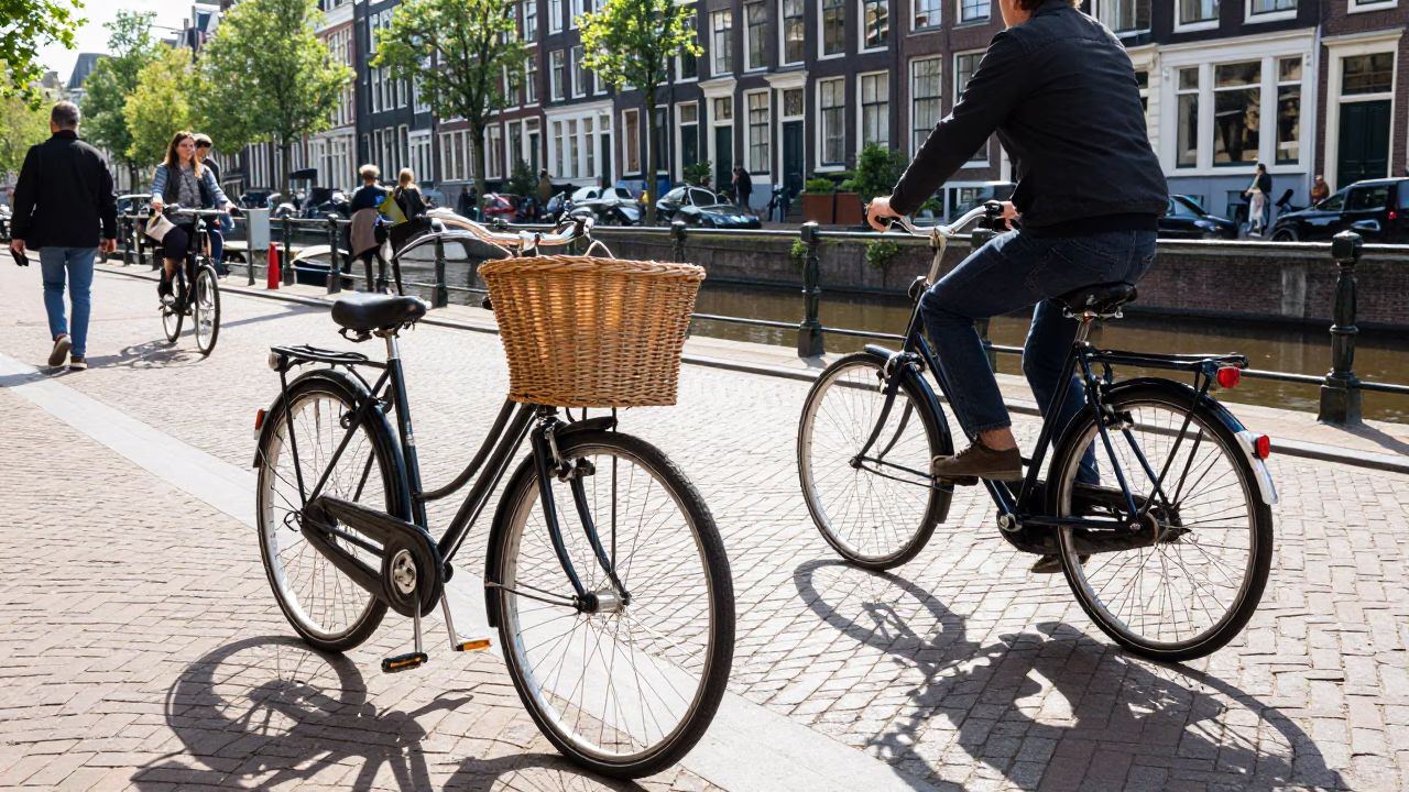 Busy Amsterdam Canal Street with Bicycle Basket and Morning Light in in Amsterdam, Netherlands