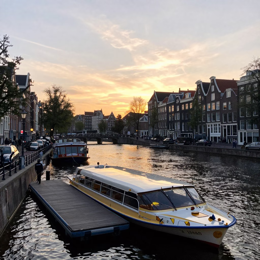 Busy Amsterdam Canal Sunset Scene with Water Taxi and Bicycle Ferry Docked in in Amsterdam, Netherlands