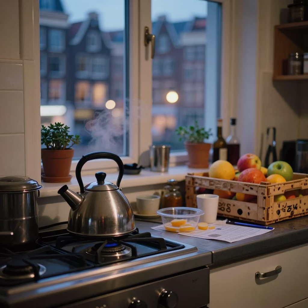 Busy Amsterdam Kitchen Counter with Kettle and Fruit Crate at Dusk in in Amsterdam, Netherlands
