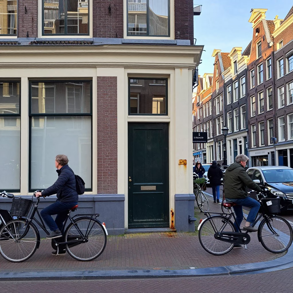 Busy Amsterdam Late Morning Street Scene with Bicycle and Canal House Details in in Amsterdam, Netherlands