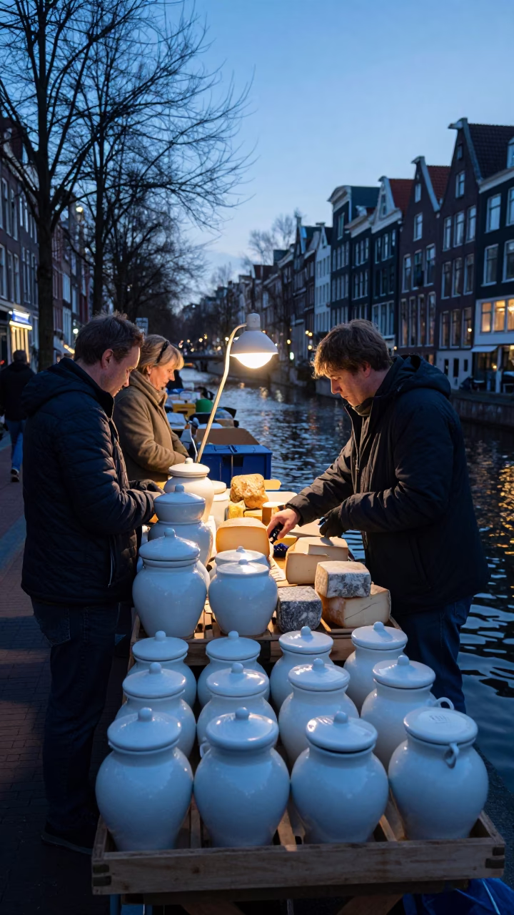 Busy Amsterdam Market Stall Before Sunrise with Porcelain Jars and Sugar Bowl in in Amsterdam, Netherlands