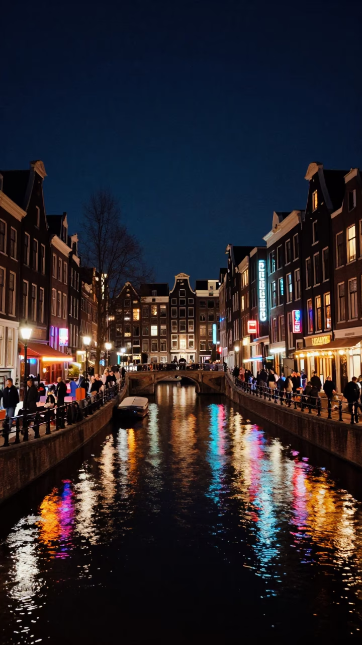 Busy Amsterdam Night Street Scene with Colorful Neon Reflections and Pedestrians in in Amsterdam, Netherlands
