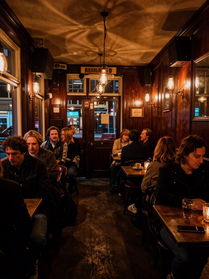 Busy Amsterdam Nightlife Interior with Vintage Decor and Patrons in 1970s in in Amsterdam, Netherlands