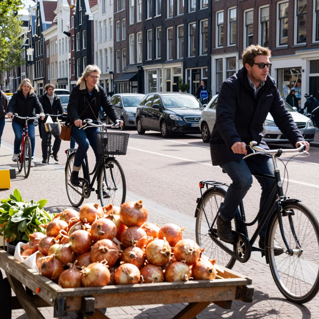 Busy Amsterdam Noon Street Scene with Bicycle Rider and Vendor Cart in in Amsterdam, Netherlands