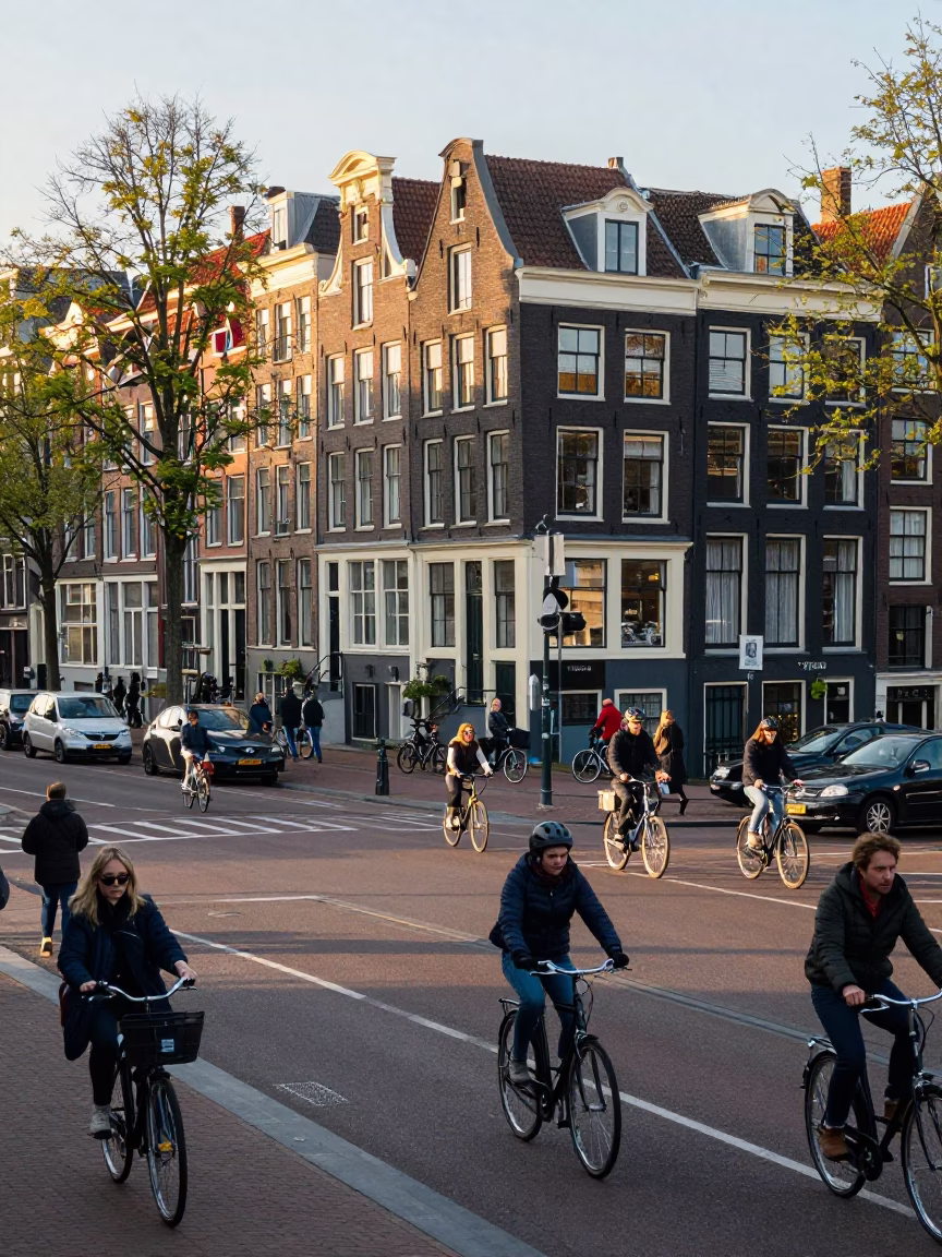 Busy Amsterdam Street Corner Late Morning Pedestrians Bicycles and Canal Houses in in Amsterdam, Netherlands