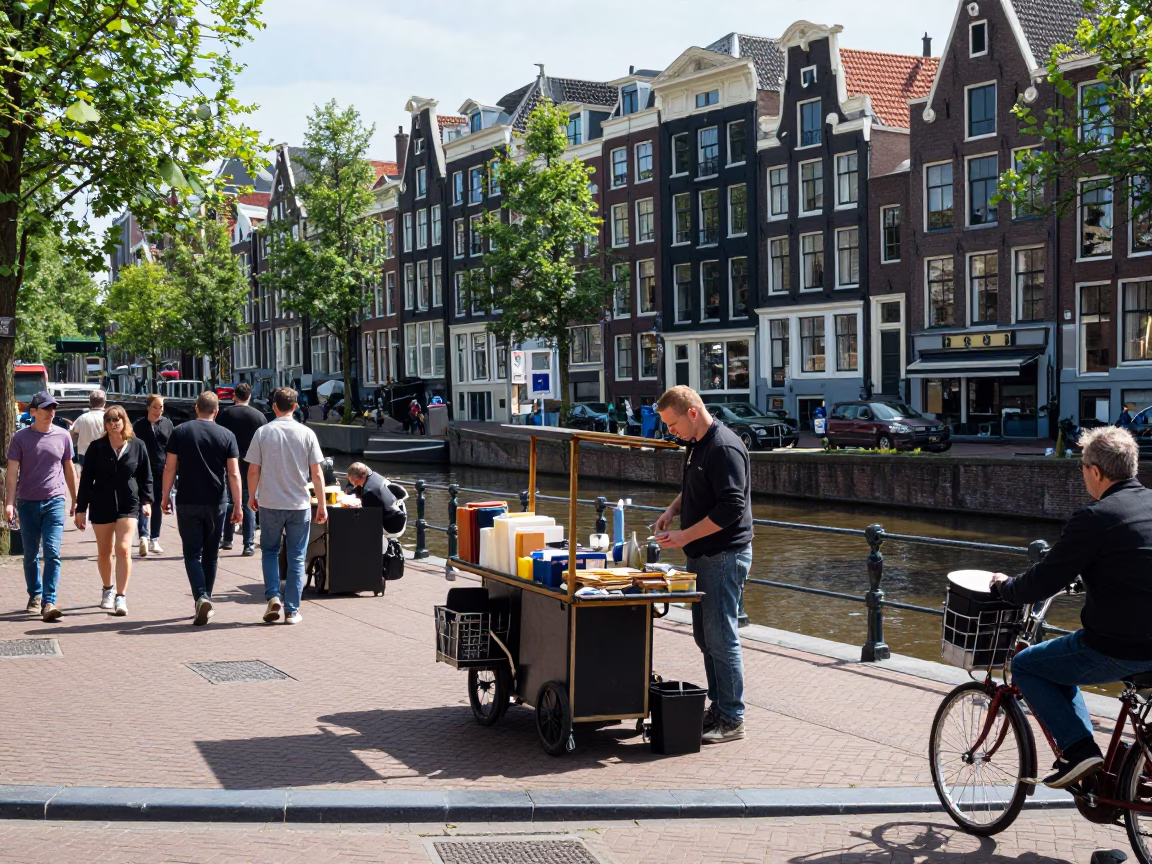Busy Amsterdam Street Corner Noon Light with Local Vendor and Vintage Bicycles in in Amsterdam, Netherlands