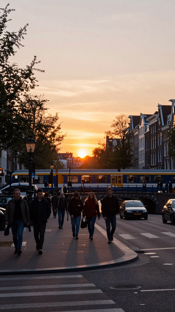 Busy Amsterdam Street Corner with Commuter Train Crossing Bridge at Sunset in in Amsterdam, Netherlands