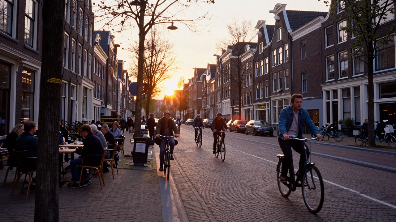 Busy Amsterdam Street Scene at Sunset with Cyclists and Canal Reflections in in Amsterdam, Netherlands