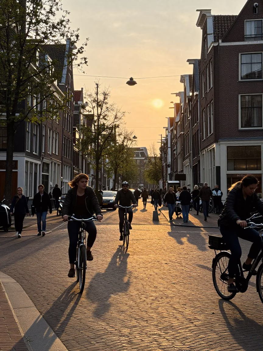 Busy Amsterdam Street Scene in Honeyed Evening Light with Bicycle Traffic and Canal Views in in Amsterdam, Netherlands
