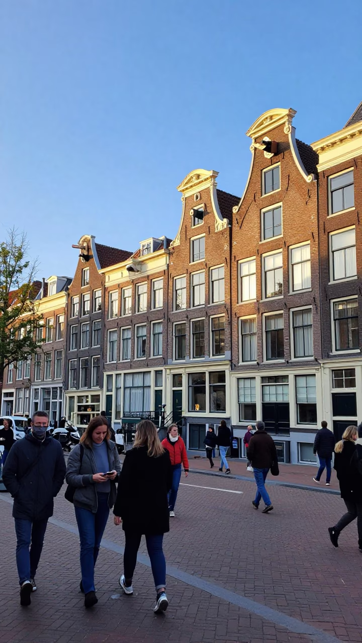 Busy Amsterdam Street Scene Late Afternoon Light with Traditional Dutch Architecture and Local Activity in in Amsterdam, Netherlands