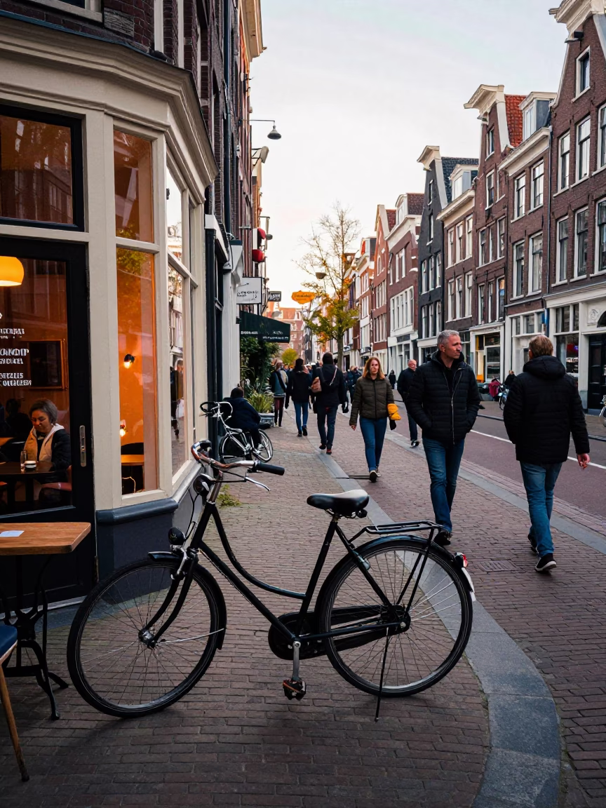 Busy Amsterdam Street Scene Late Morning with Bicycle Cafe and Canal Water in in Amsterdam, Netherlands