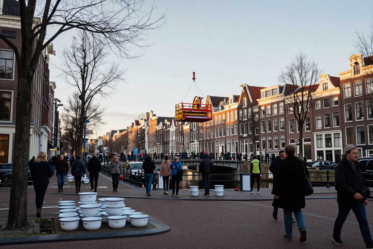 Busy Amsterdam Street Scene Late Morning with Enamel Bowls and Bridge Maintenance Cradle in in Amsterdam, Netherlands