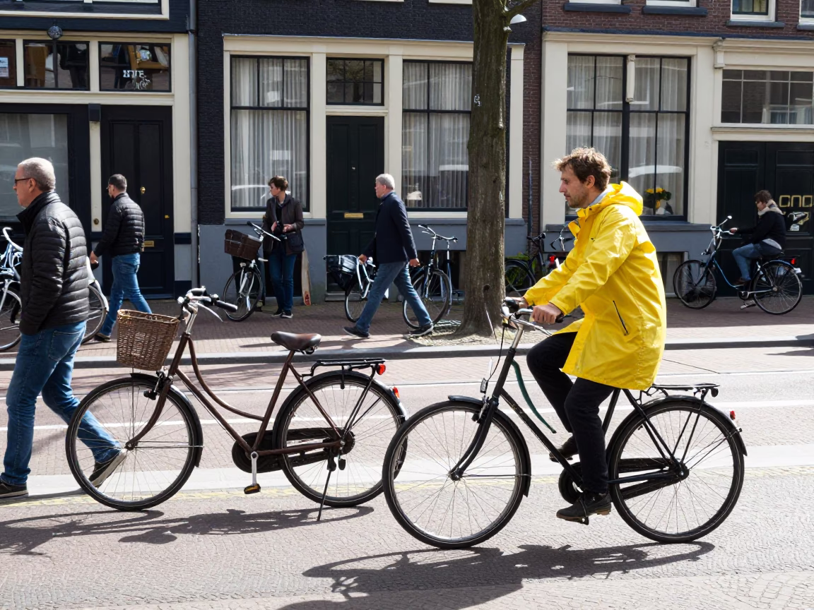Busy Amsterdam Street Scene Under Flat Noon Light with Bicycle Traffic and Brick Architecture in in Amsterdam, Netherlands