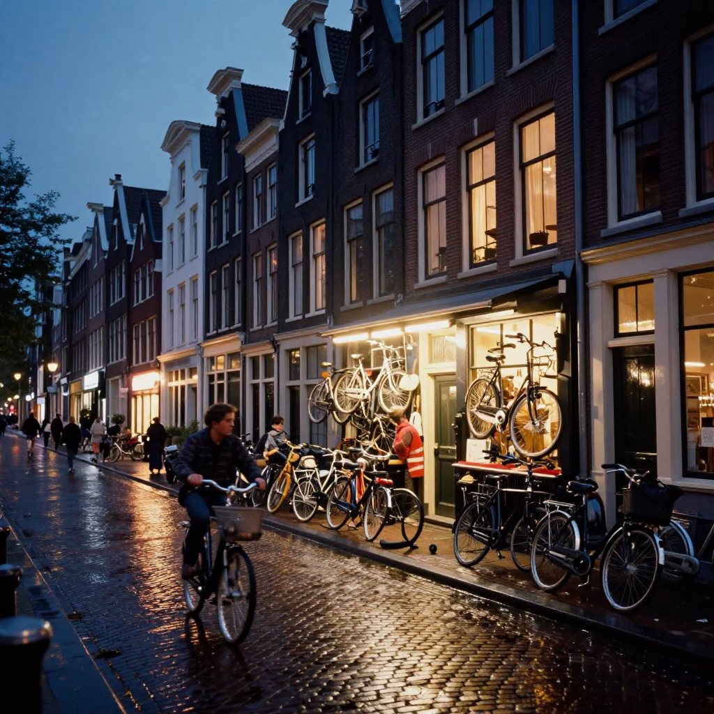 Busy Amsterdam Twilight Street Scene with Bicycle Shops and Local Life in in Amsterdam, Netherlands