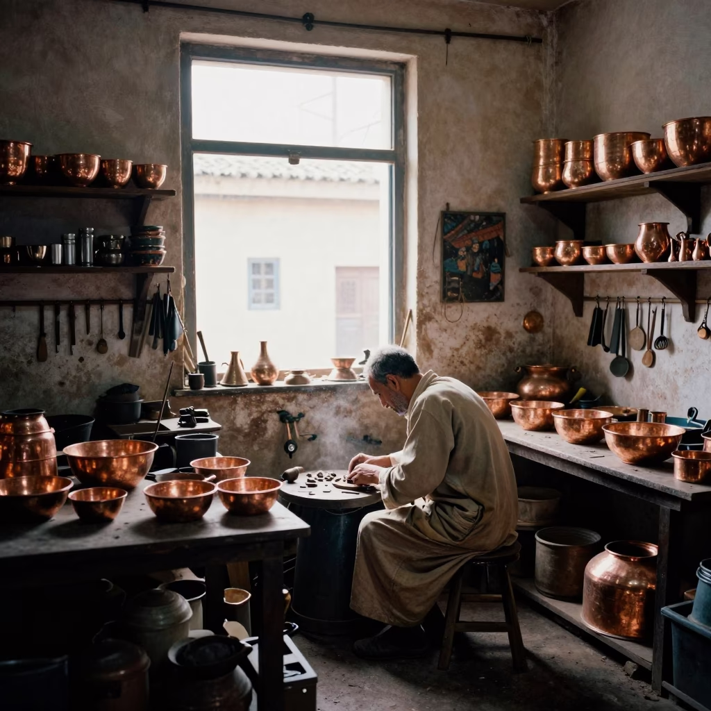 Busy artisan workshop interior in Fez Morocco with copperware and tools in in Fez, Morocco