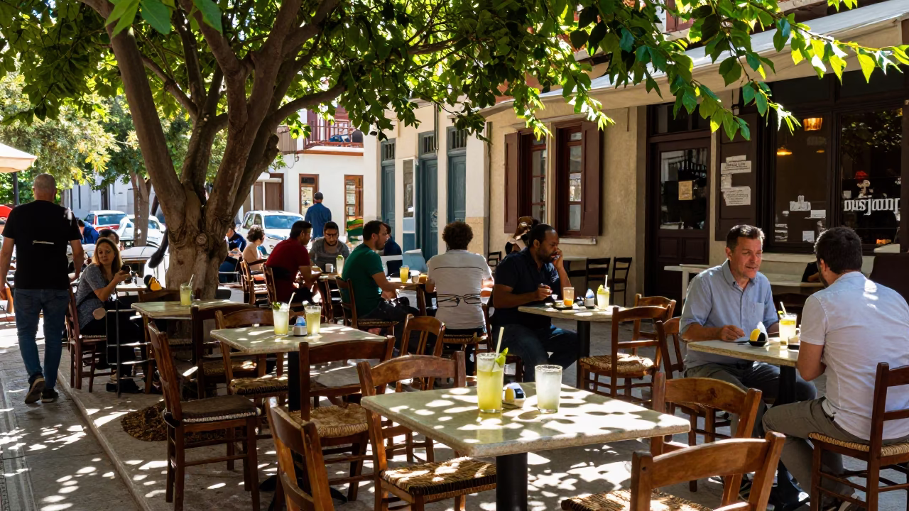 Busy Athenian Street Cafe Table with Lemonade and Newspaper in Late Morning Light in in Athens, Greece