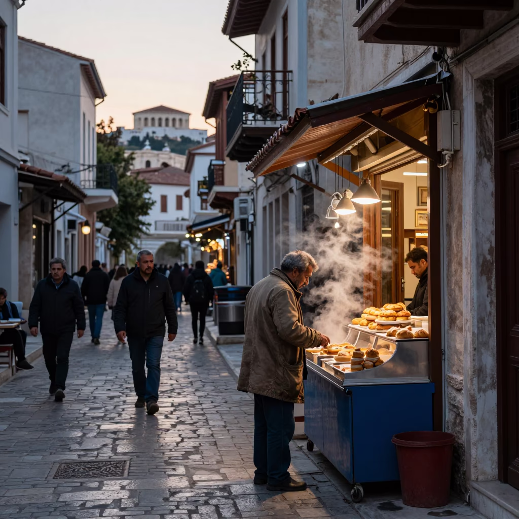 Busy Athenian Street Scene at Nautical Dawn with Traditional Breakfast Items in in Athens, Greece