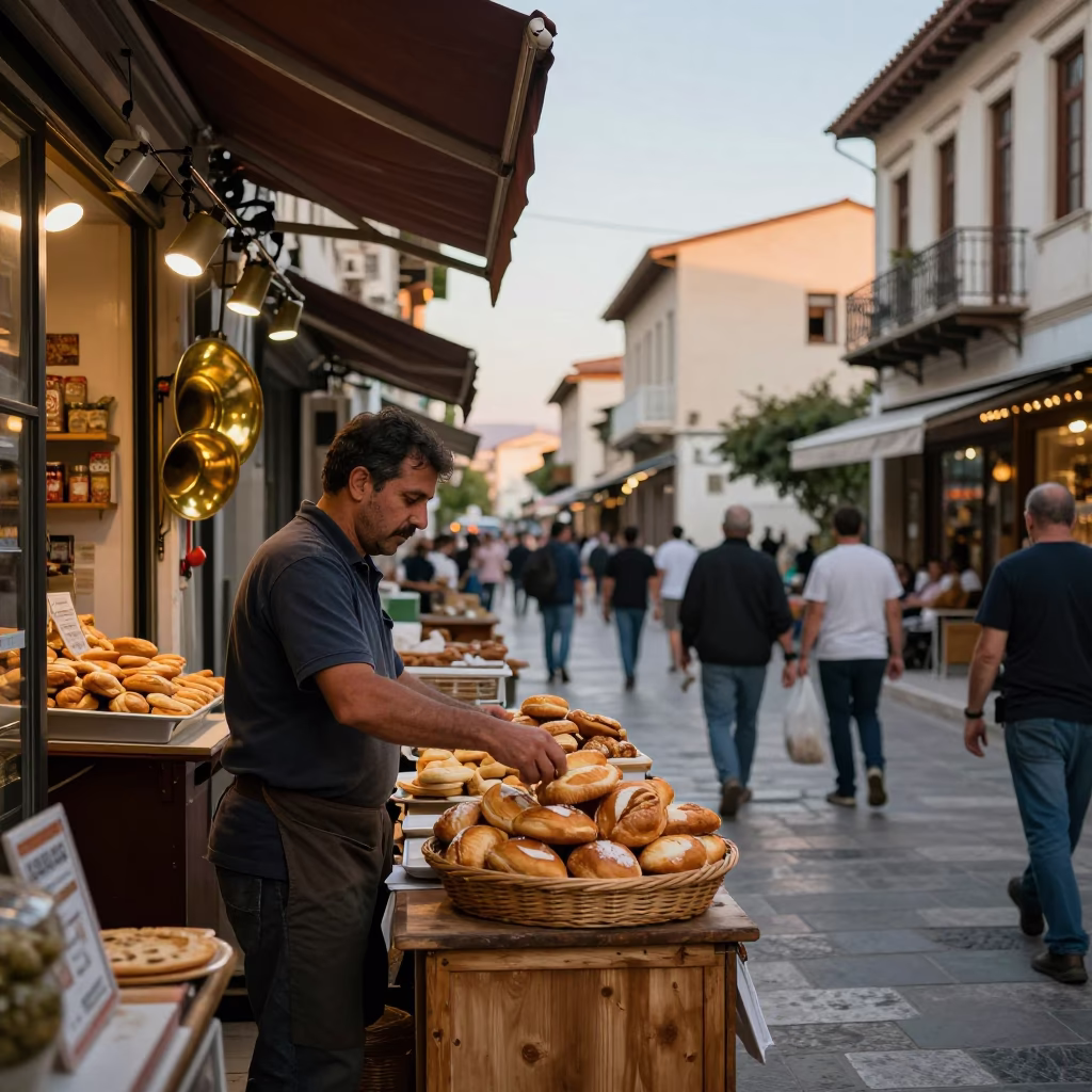 Busy Athenian Street Scene Early Evening with Brass Hardware and Soap Residue in in Athens, Greece