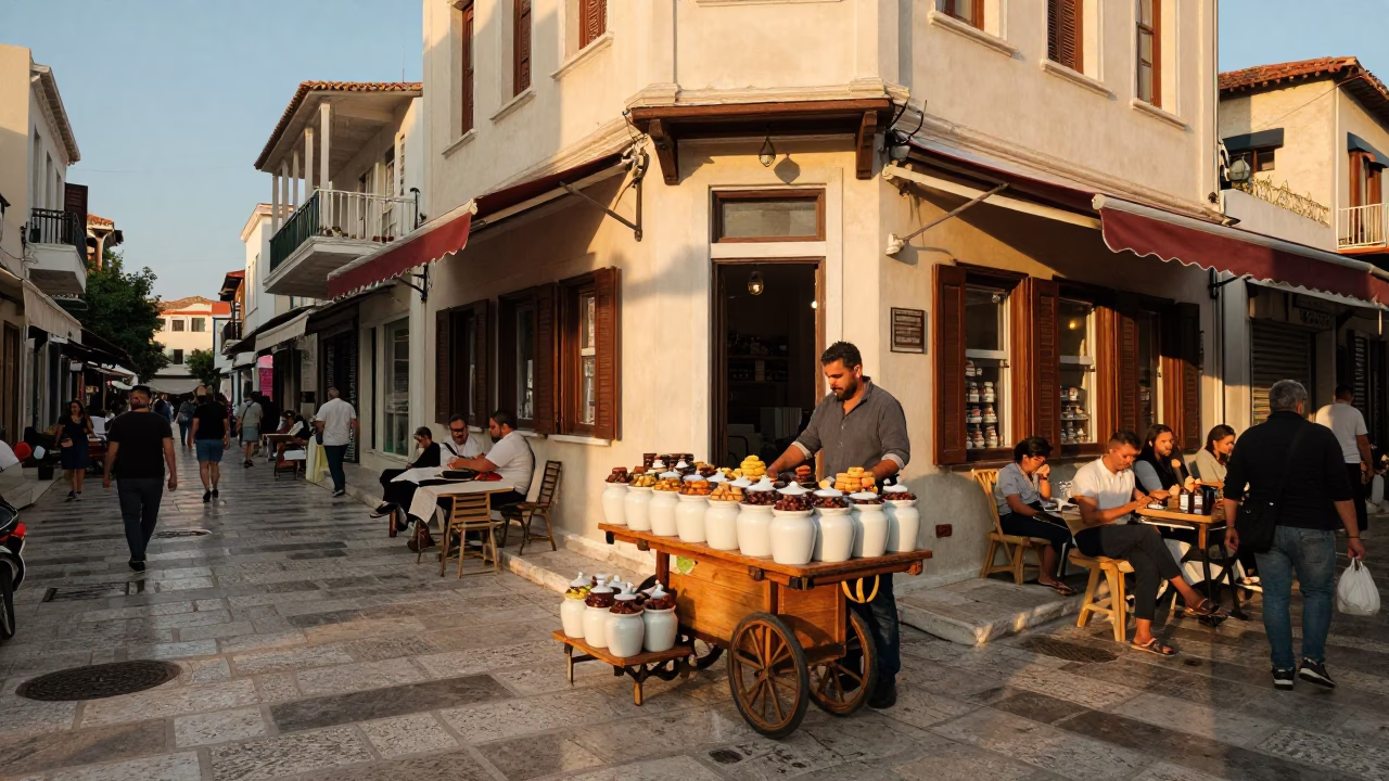 Busy Athenian Street Scene in Honeyed Evening Light with Porcelain Jars and Salt Spoon in in Athens, Greece