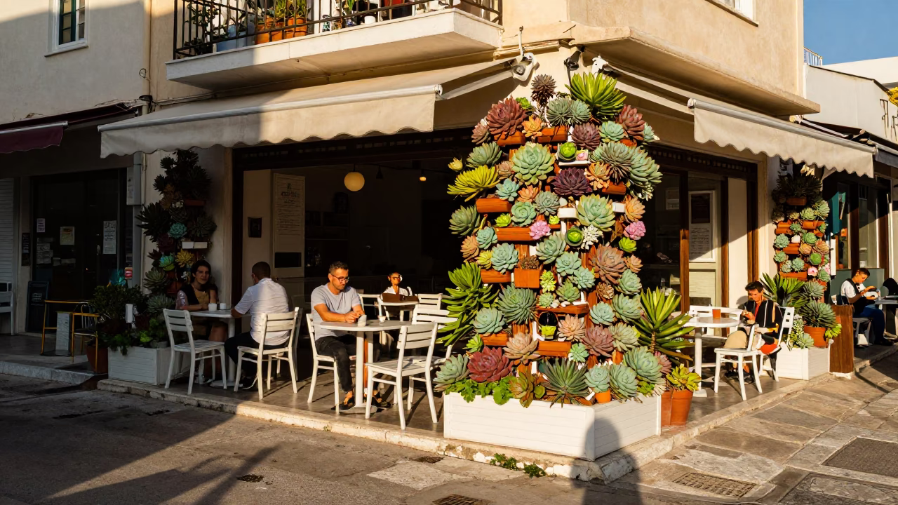 Busy Athens Greece Cafe Terrace Living Wall Succulents Late Afternoon Street Scene in in Athens, Greece