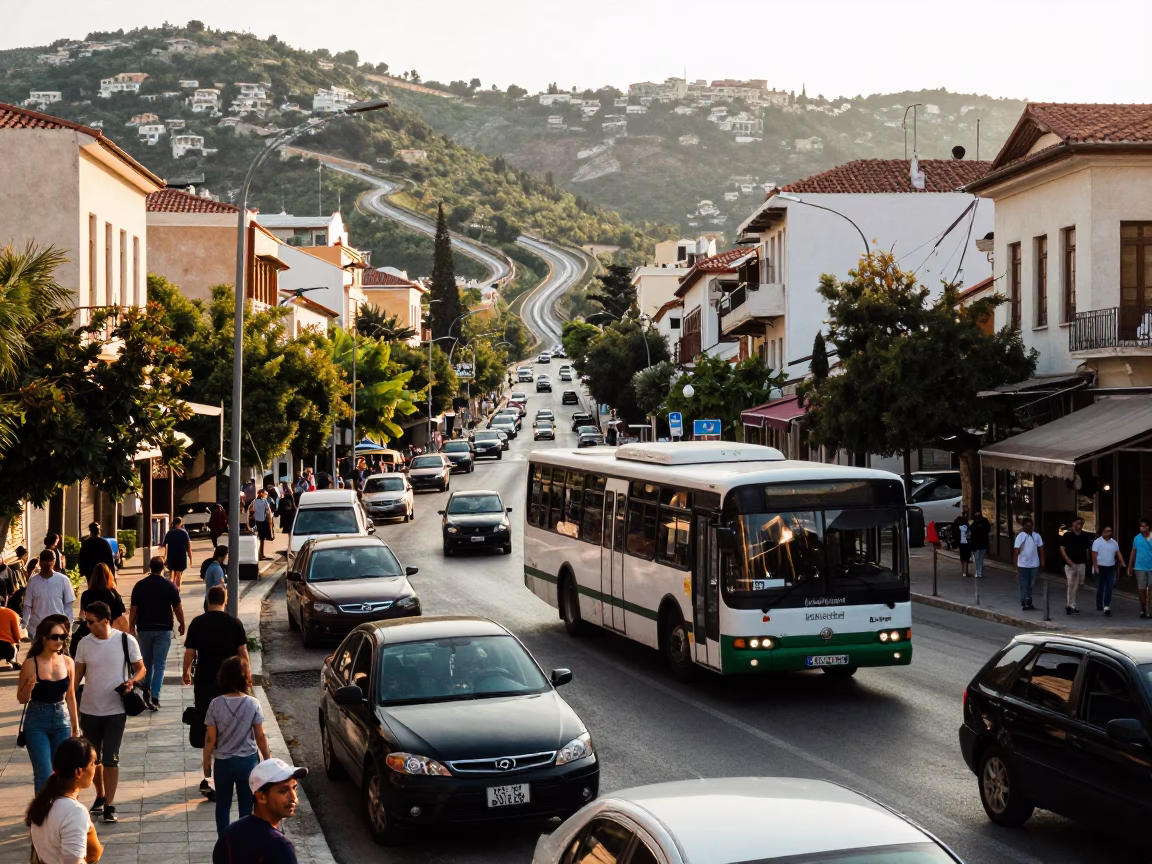 Busy Athens Greece Street Scene Early Afternoon with Classic Bus and Local Life in in Athens, Greece