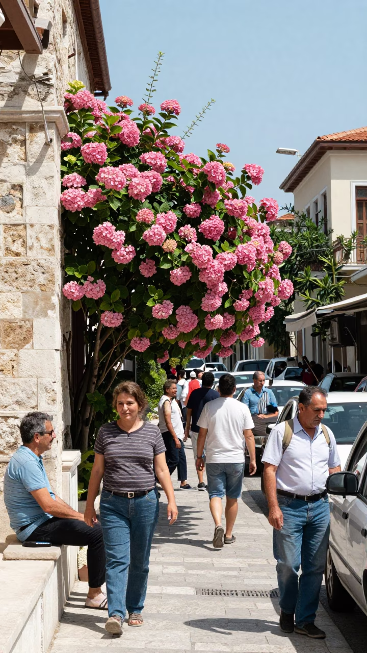 Busy Athens Greece Street Scene Under Noon Sun with Hydrangea Bush and Local Activity in in Athens, Greece