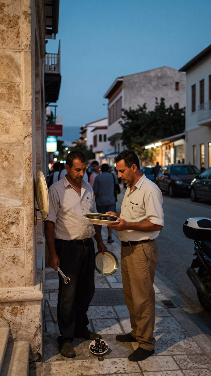 Busy Athens Greece Twilight Street Scene with Plate and Socket Wrench in 1950s Style in in Athens, Greece