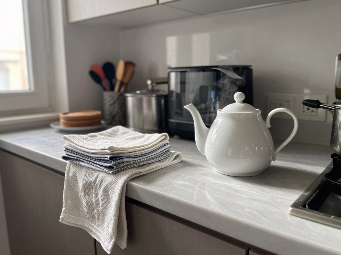 Busy Athens Kitchen Counter Noon Light with Teapot and Dish Towels in in Athens, Greece