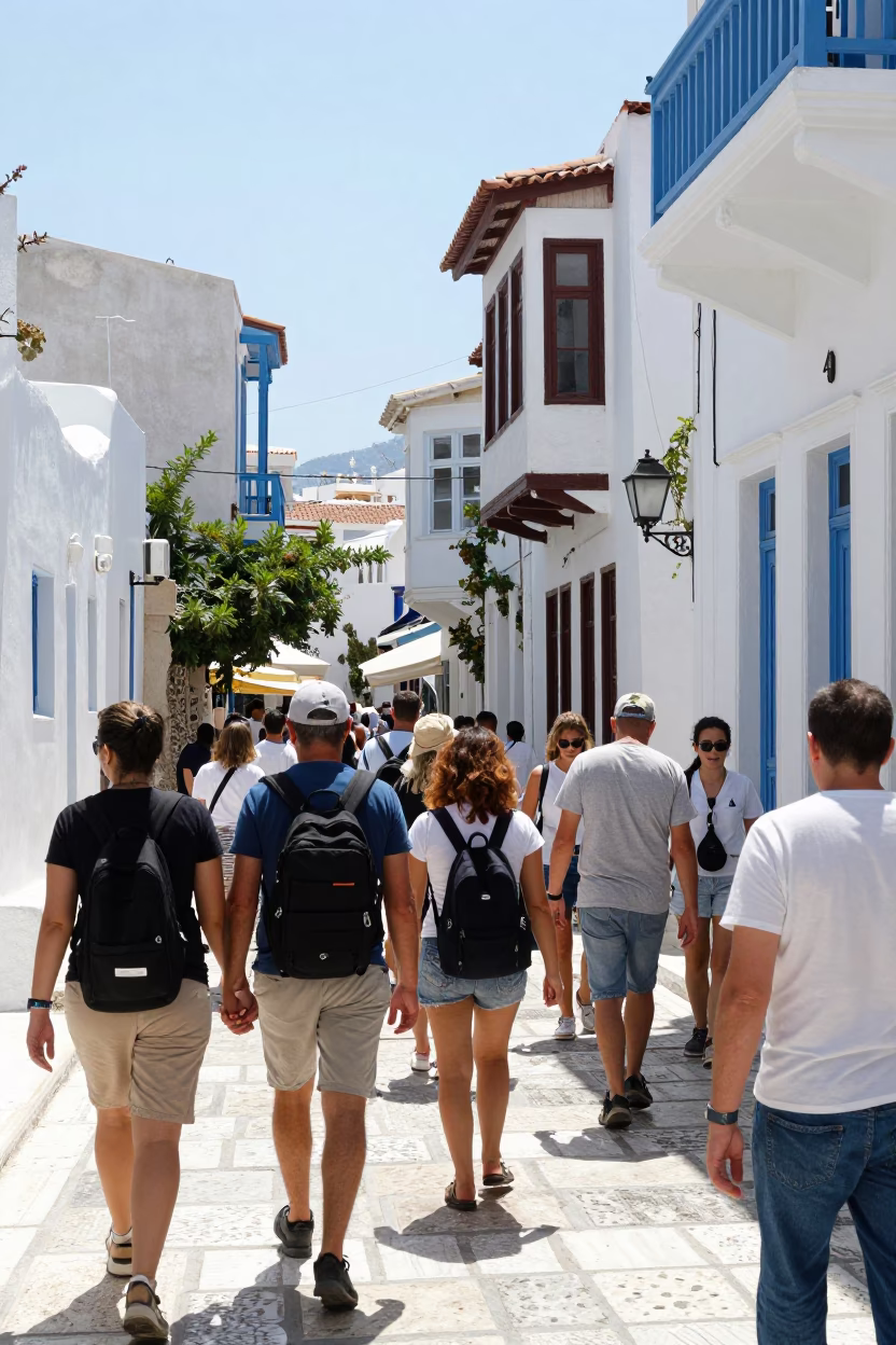 Busy Athens Midday Street Scene with Tourists and Local Shop Displays in in Athens, Greece