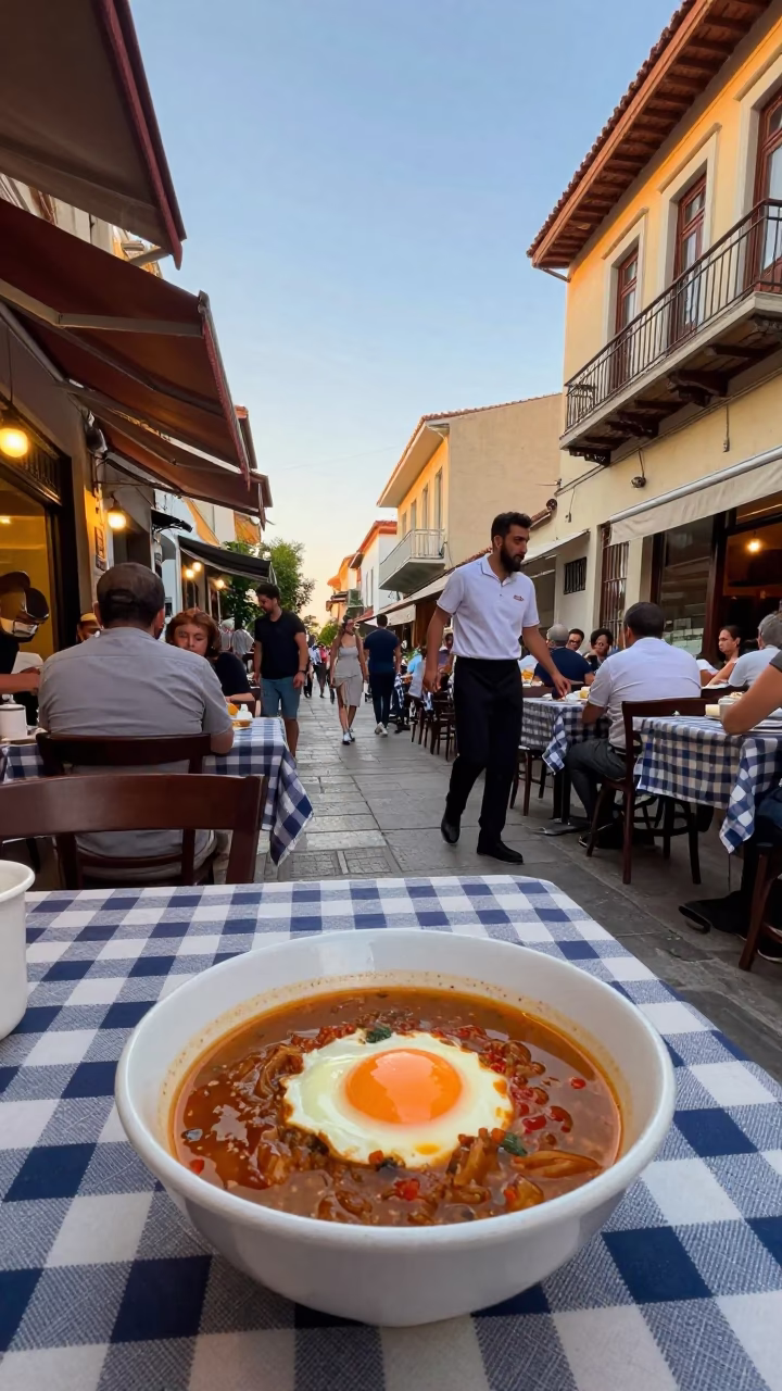 Busy Athens Street Breakfast Scene at Dawn with Local Café Details in in Athens, Greece