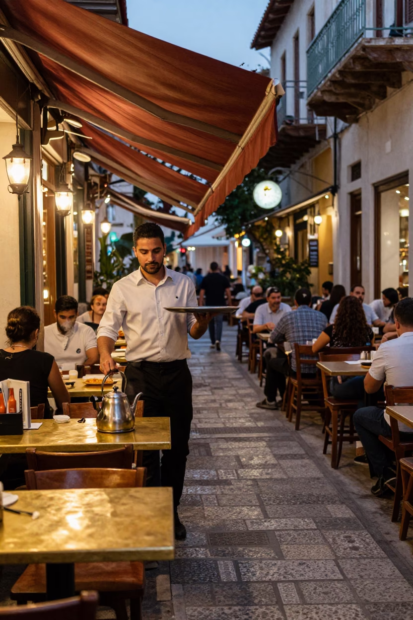 Busy Athens Street Cafe Before Dusk with Brass Countertop and Kettle in Copper Light in in Athens, Greece