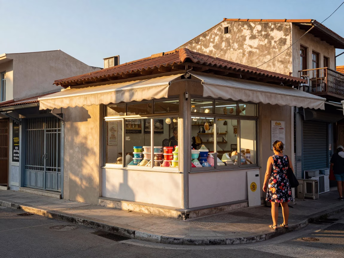 Busy Athens Street Corner After Sunrise with Gelato Shop Window and Cup in in Athens, Greece