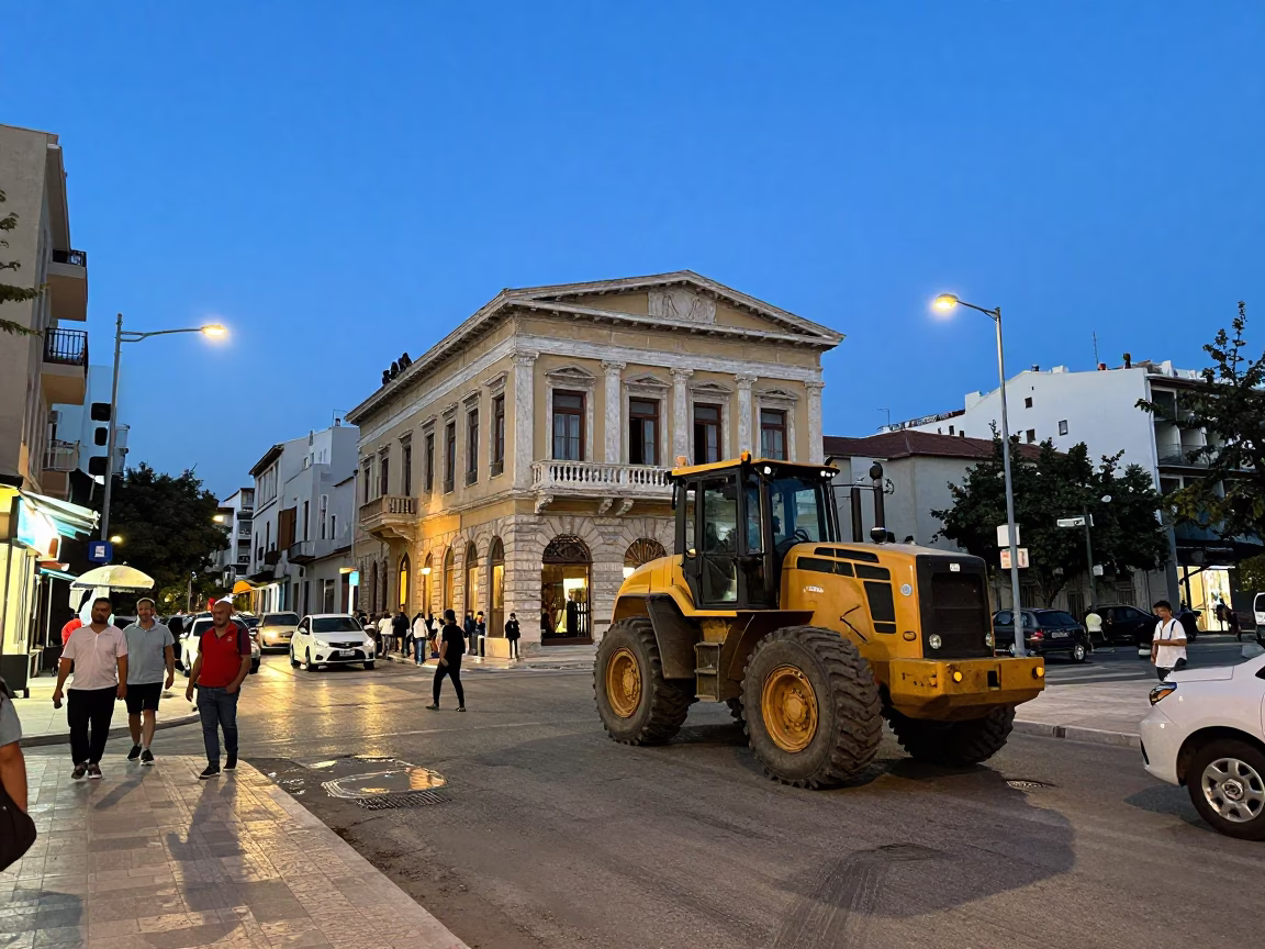 Busy Athens Street Corner at Blue Hour with Bulldozer and Local Life in in Athens, Greece