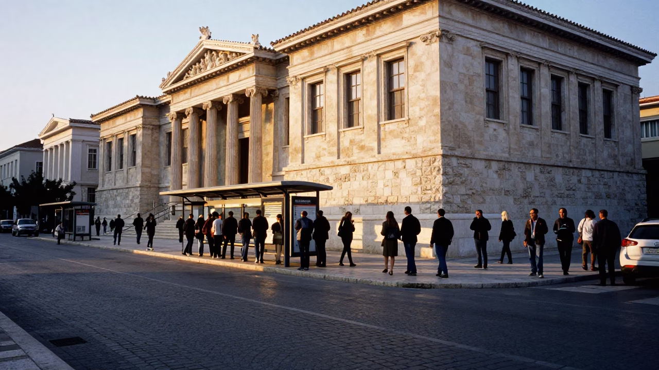 Busy Athens Street Corner at Dawn with Neoclassical Architecture and Morning Commuters in in Athens, Greece