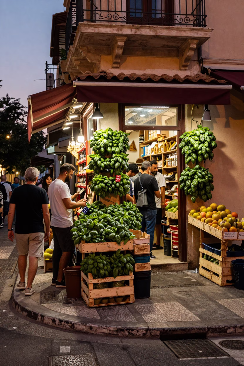 Busy Athens Street Corner at Dusk with Basil and Fruit Vendor in in Athens, Greece