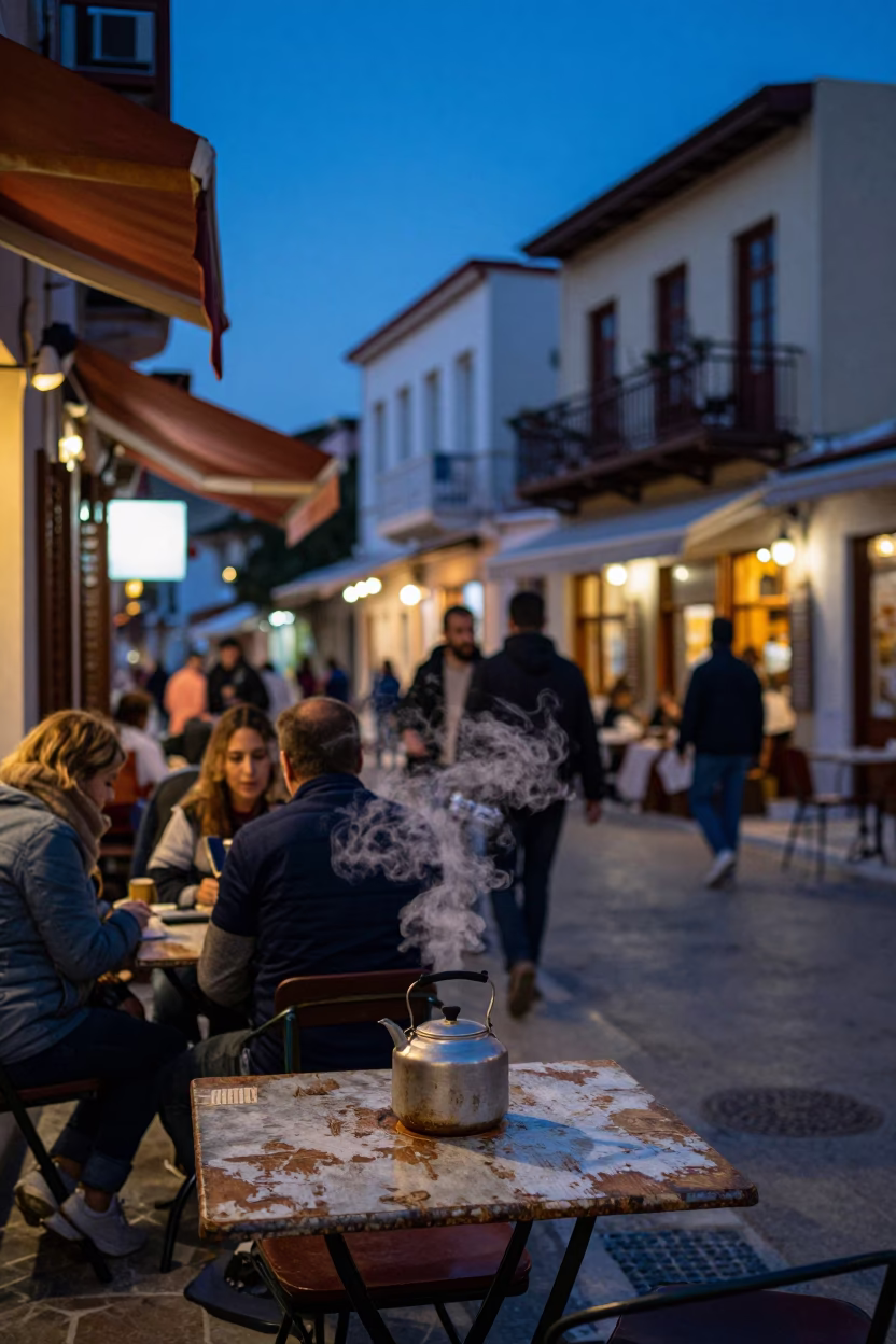 Busy Athens Street Corner at Indigo Twilight with Kettle and Soap Residue in in Athens, Greece