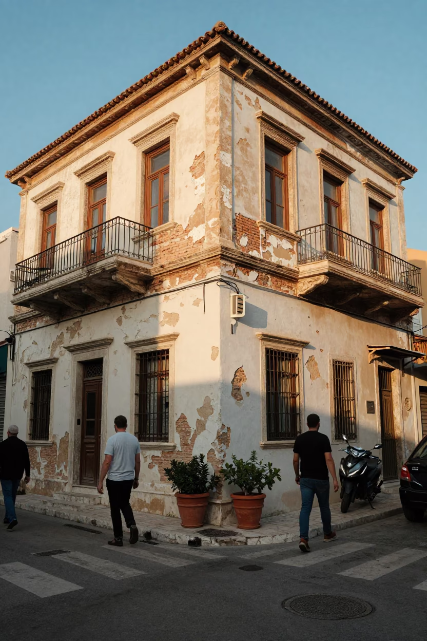 Busy Athens Street Corner Late Afternoon with Terracotta Pots and Vintage Details in in Athens, Greece
