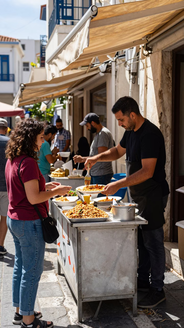 Busy Athens Street Corner Midday Scene with Greek Food and Urban Details in in Athens, Greece