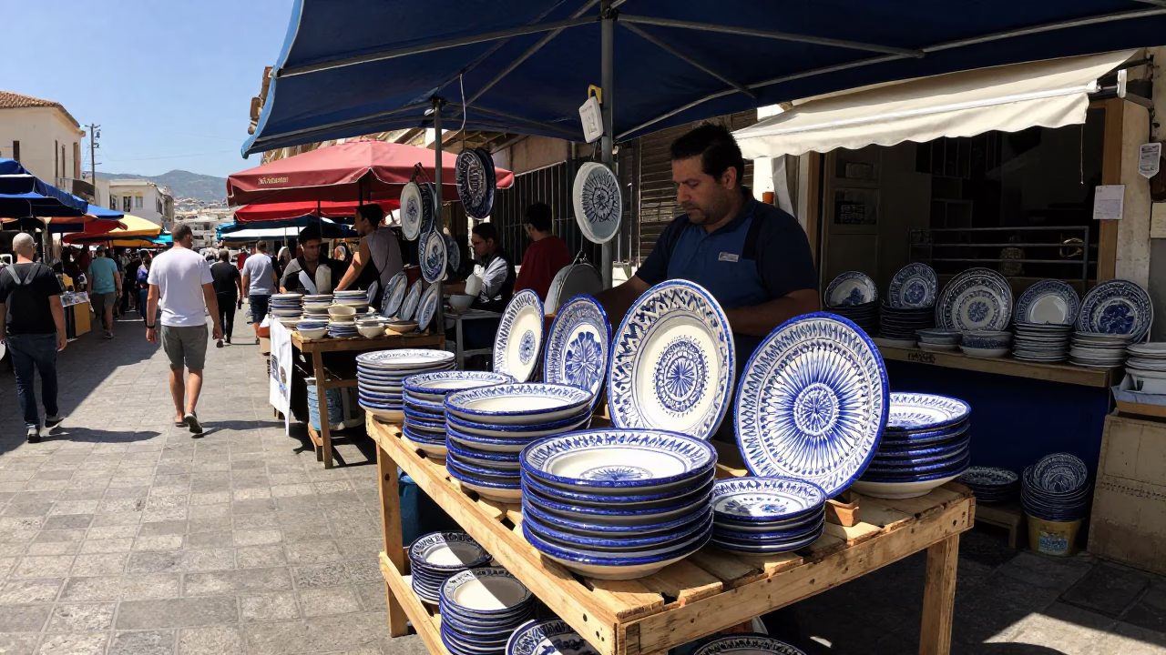 Busy Athens Street Market Midday with Majolica Plates and Garlic Bulbs in in Athens, Greece