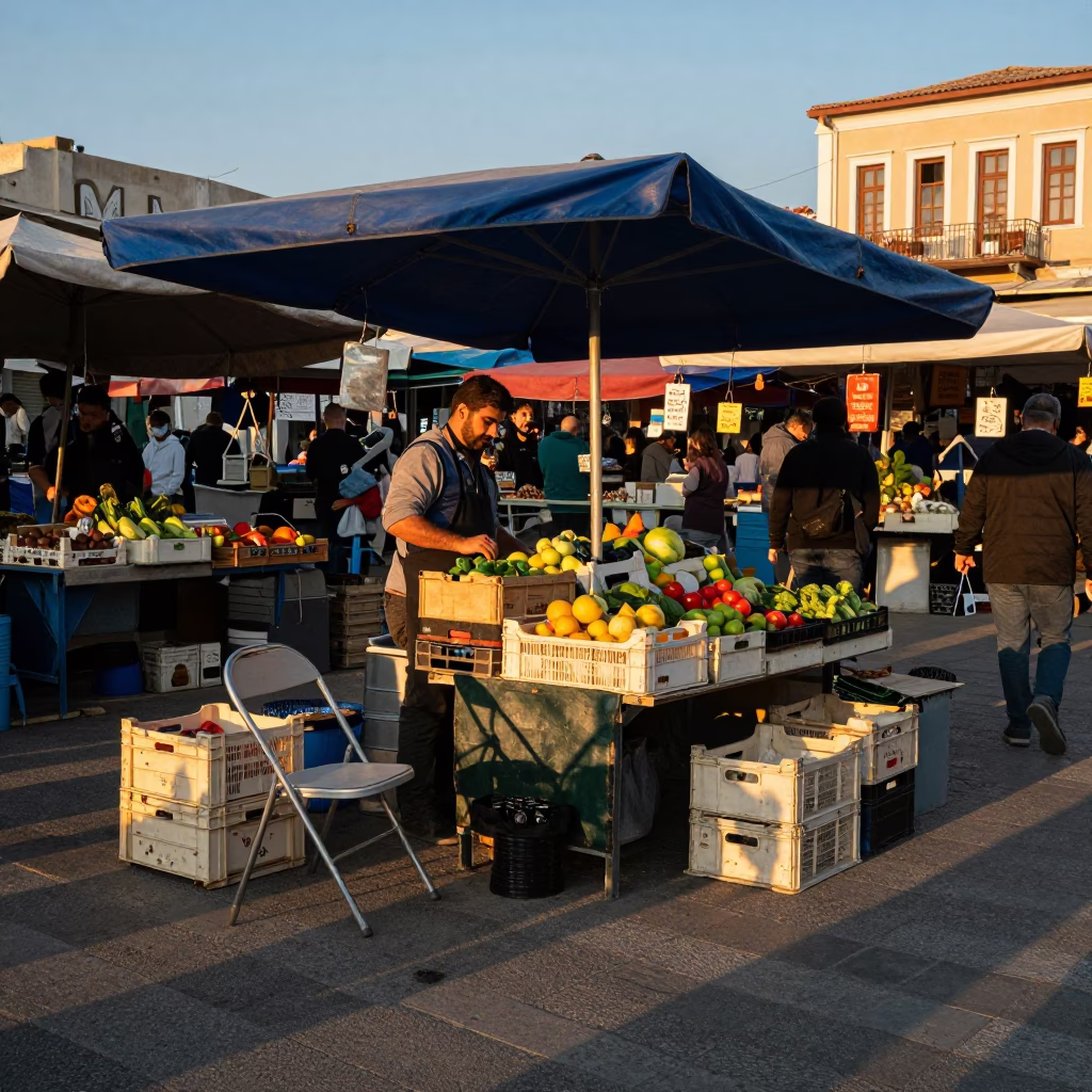 Busy Athens Street Market Stall at Nautical Dawn with Local Produce and Folding Chairs in in Athens, Greece