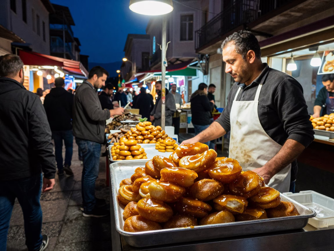 Busy Athens Street Night Scene with Honey-Drizzled Loukoumades and Urban Activity in in Athens, Greece