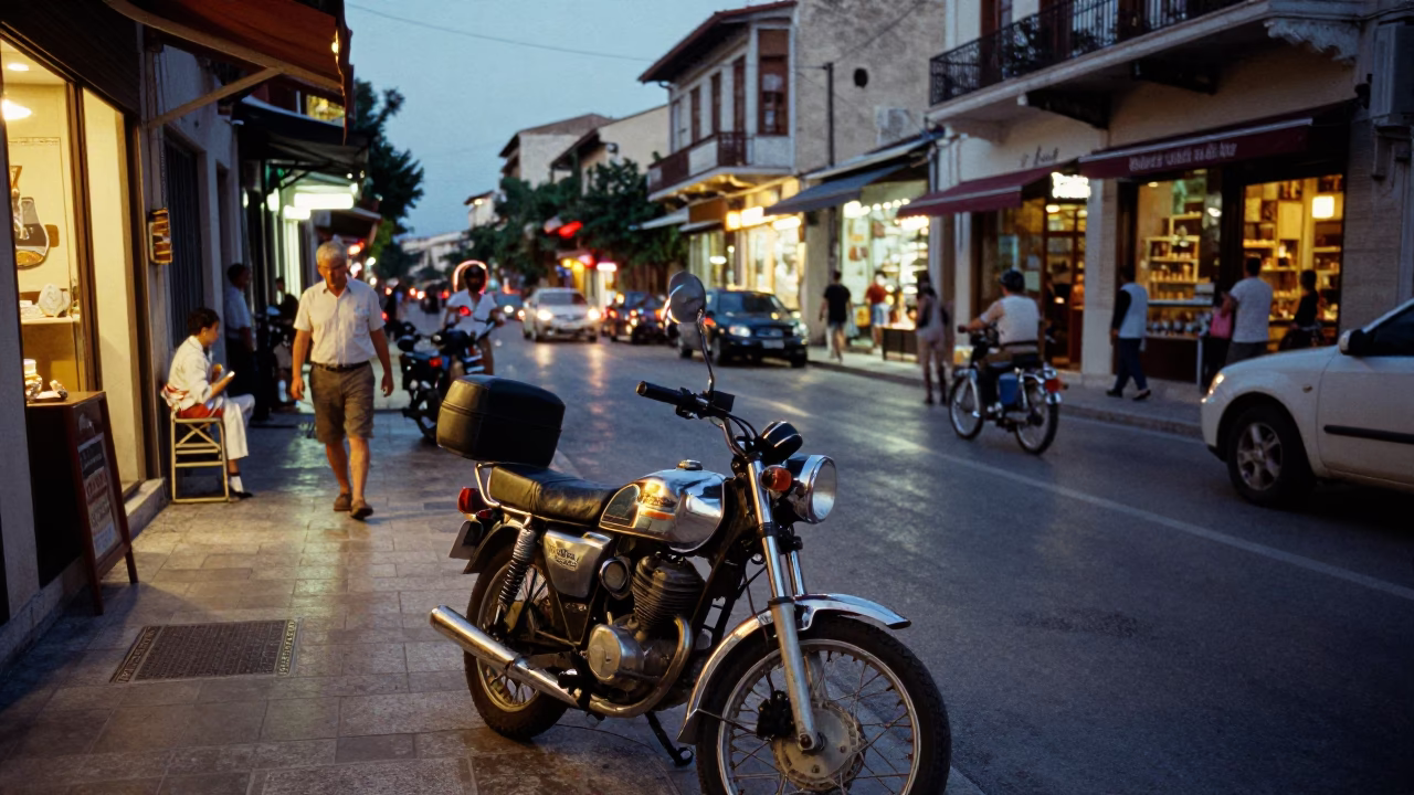 Busy Athens Street Scene at Blue Hour with Vintage Motorcycle and Local Café Details in in Athens, Greece