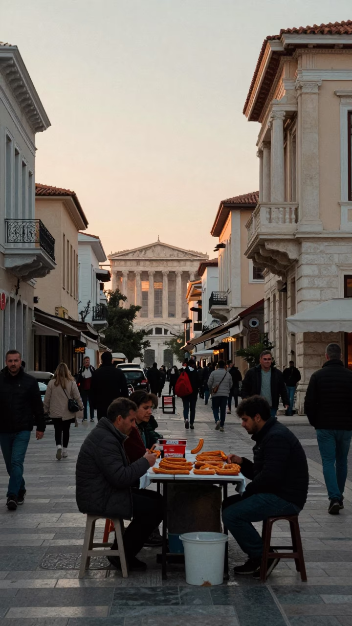 Busy Athens Street Scene at Dawn with Churros and Local Interaction in in Athens, Greece
