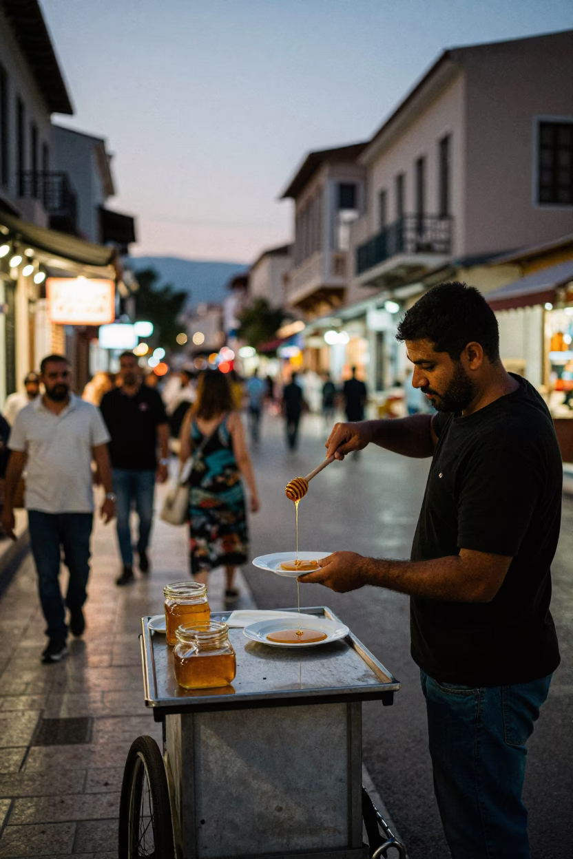 Busy Athens Street Scene at Dusk with Honey Dripping and Water Rings in in Athens, Greece